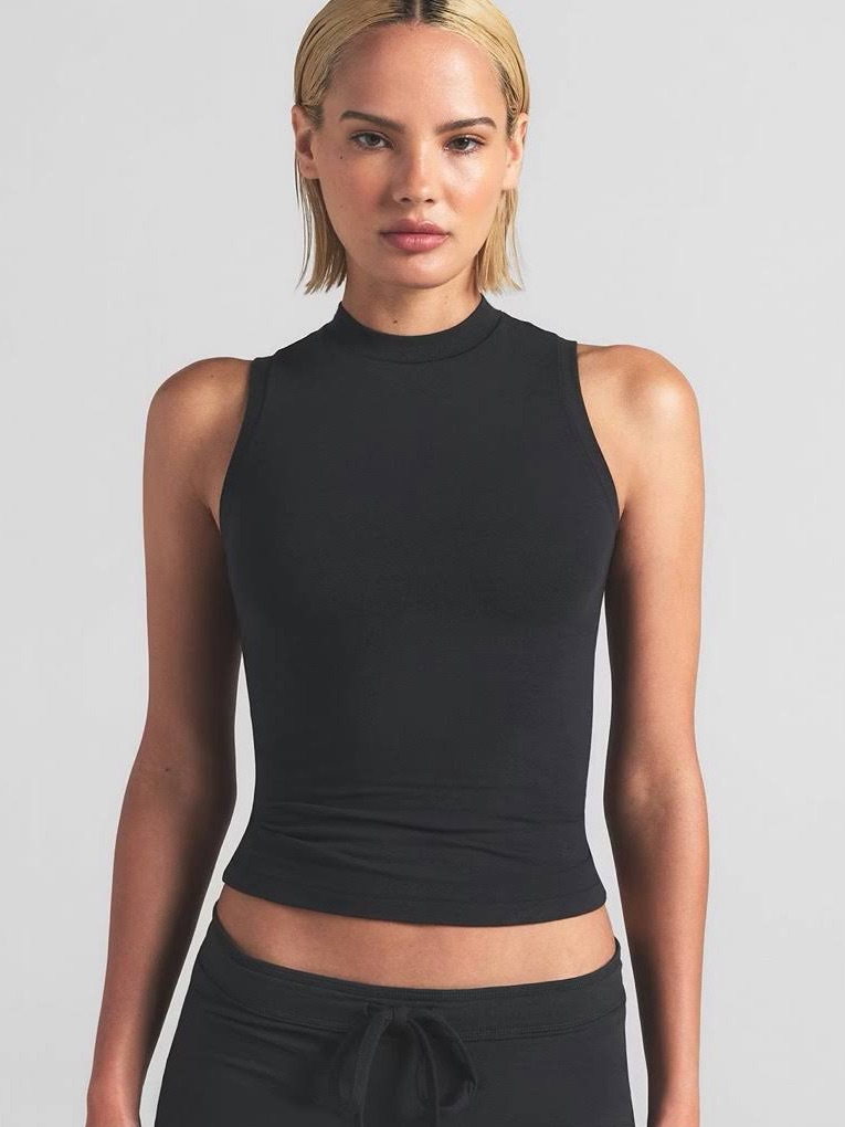 Skims Cotton Jersey Mockneck Tank Top | Soot Black